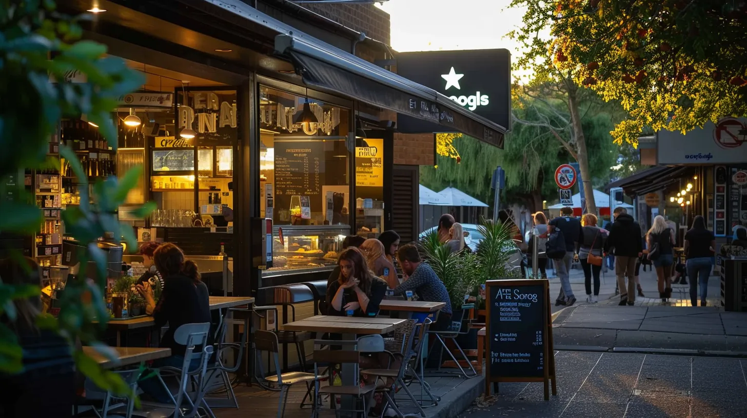 a vibrant streetscape showcasing a bustling café marked with glowing google reviews stars and a prominent google business profile sign, bathed in warm, inviting late afternoon light.