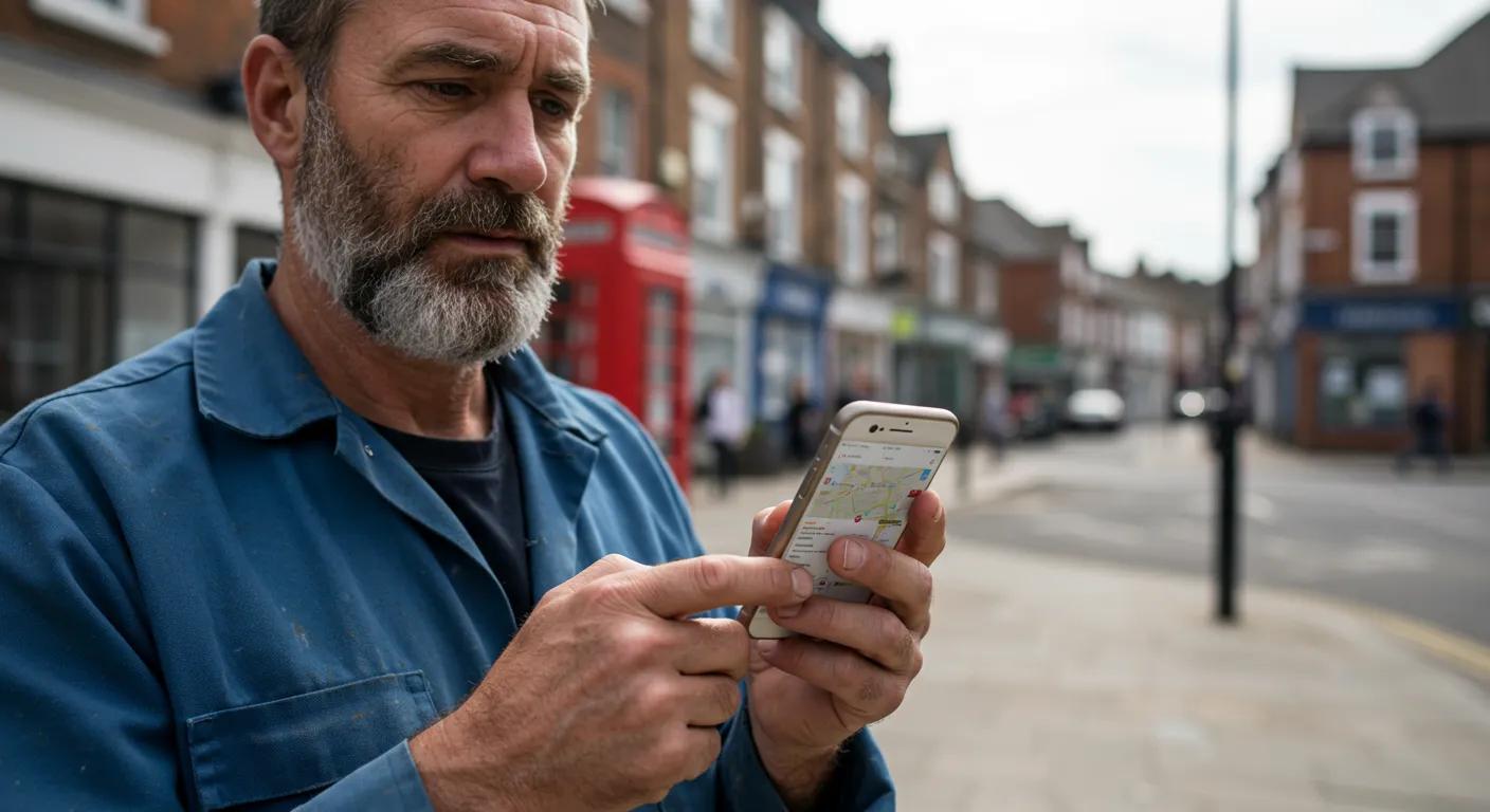 UK tradesperson using Google Maps on a smartphone, finding local jobs.
