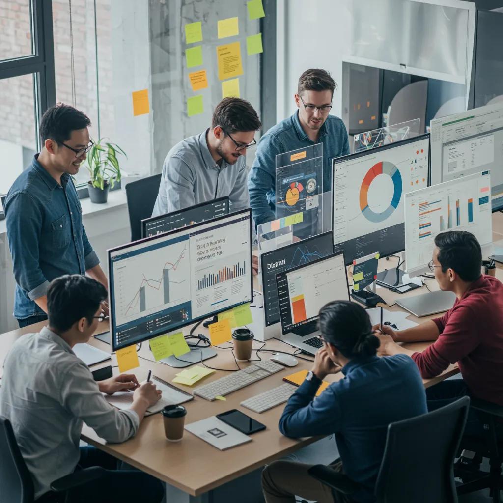 Diverse marketing professionals collaborating in a modern office, showcasing digital marketing tools and analytics