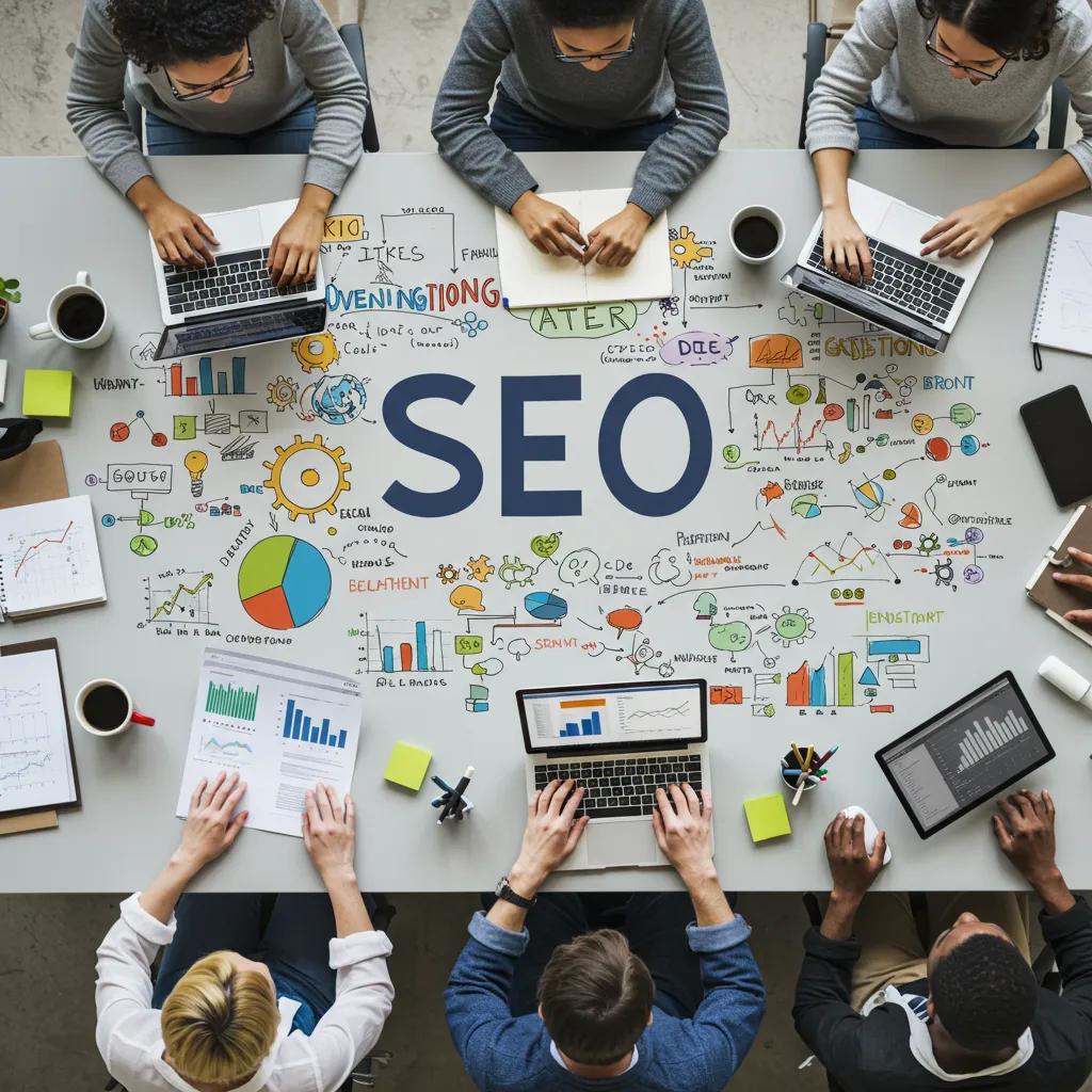 Diverse team collaborating on SEO strategies in a modern office setting
