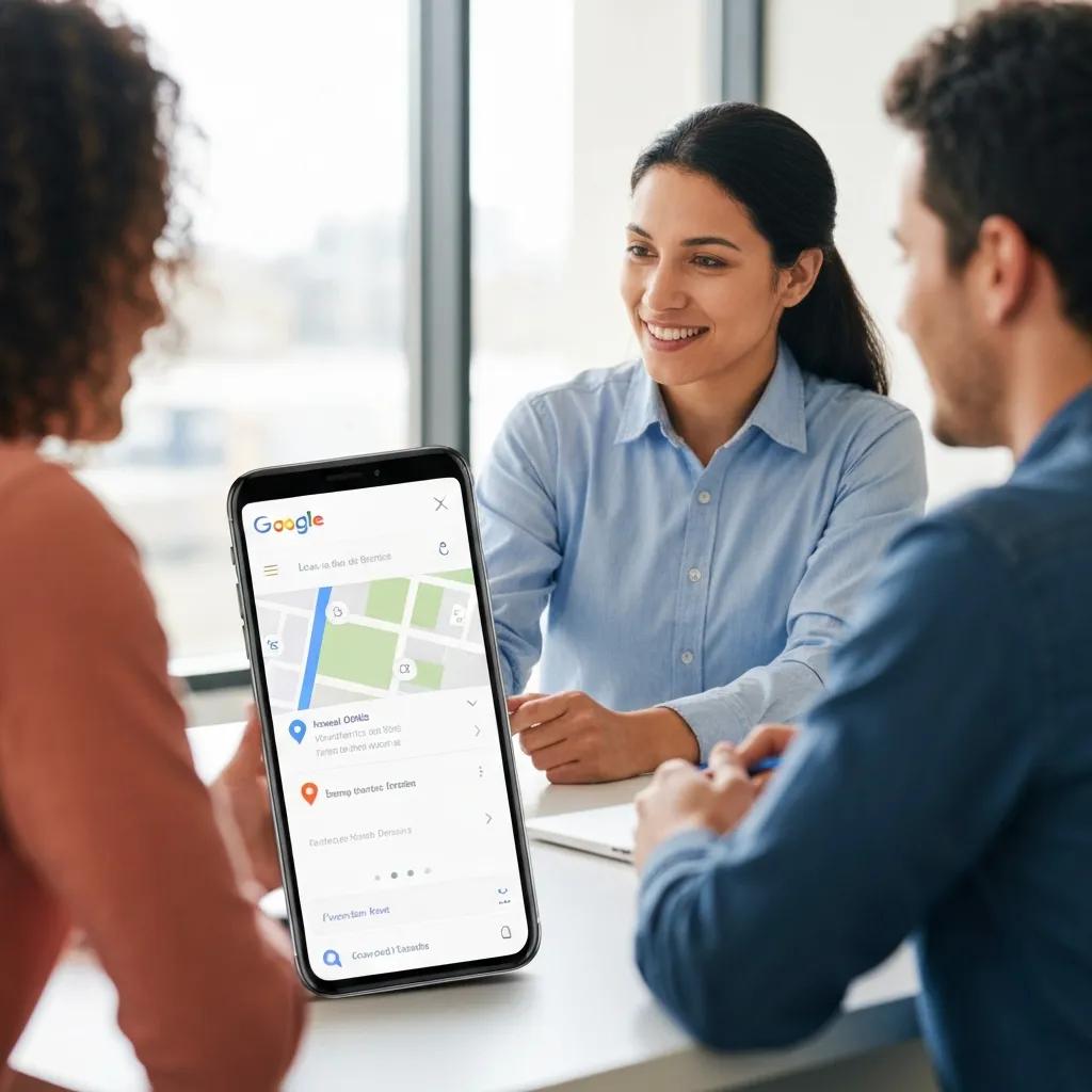 Tradesperson showing a customer Google Maps on a smartphone — a practical example of local SEO