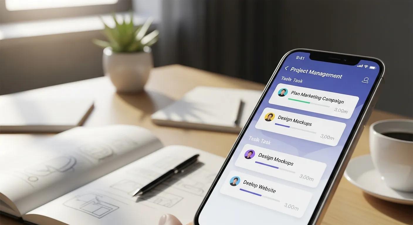 Close-up of a smartphone showcasing a beautifully designed user interface in a creative workspace