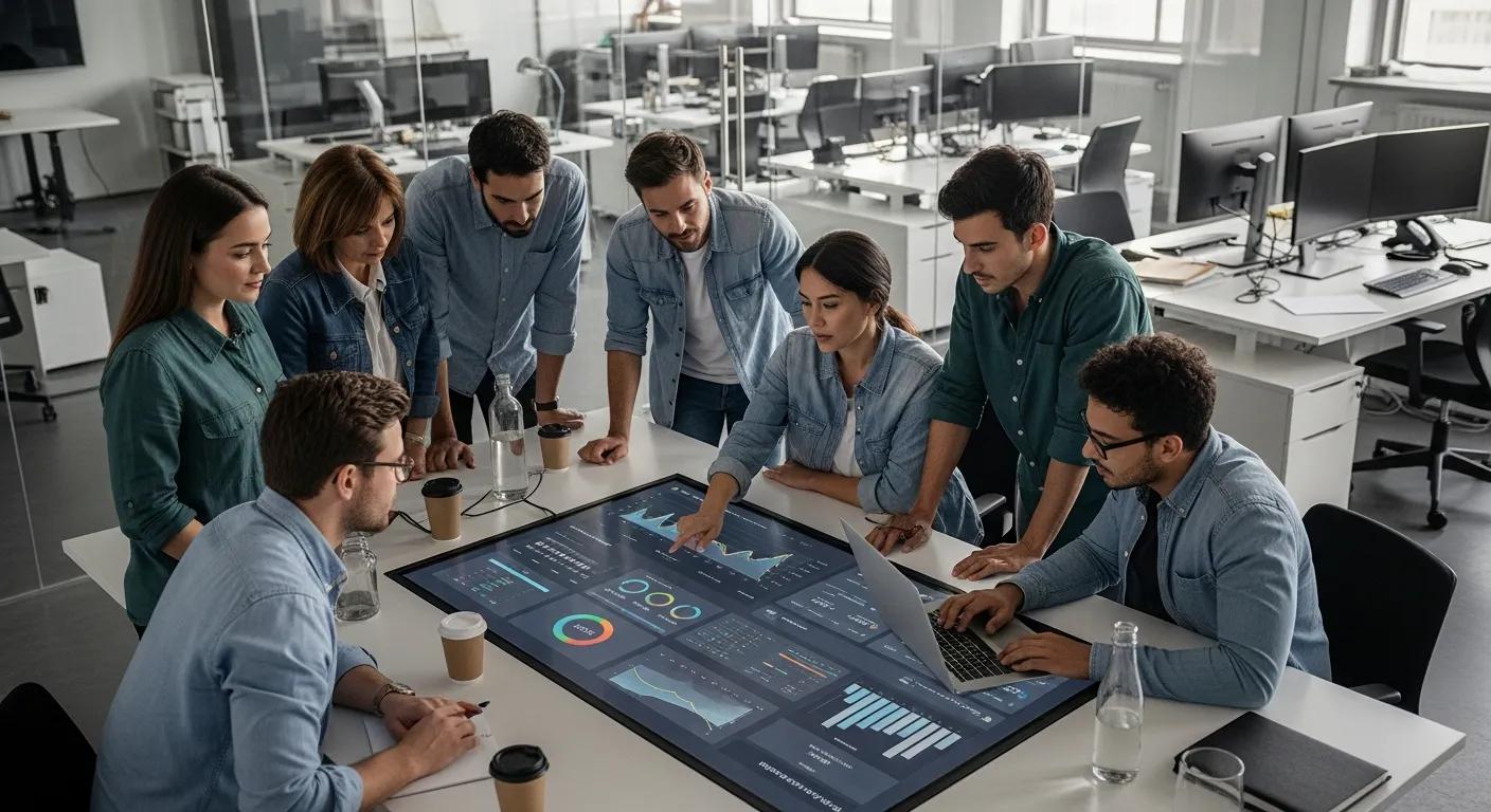 Team analyzing app performance data in a modern office, emphasizing post-launch maintenance
