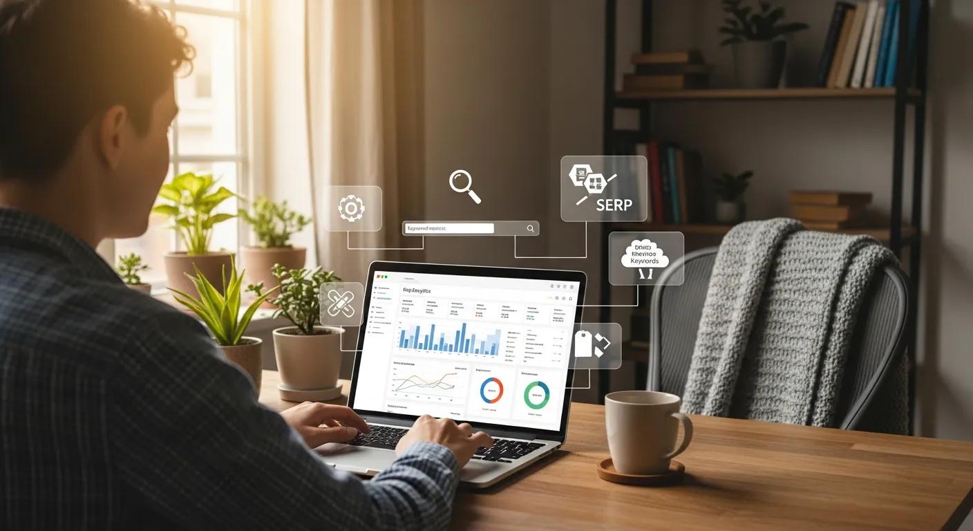 Person analyzing website analytics with SEO elements in a cozy workspace