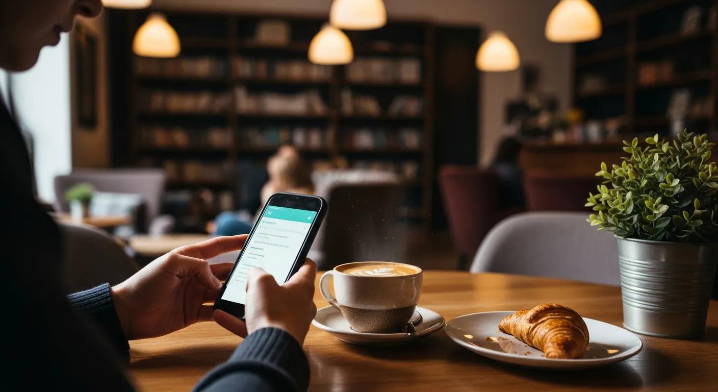 User engaging with a mobile app in a cozy coffee shop environment