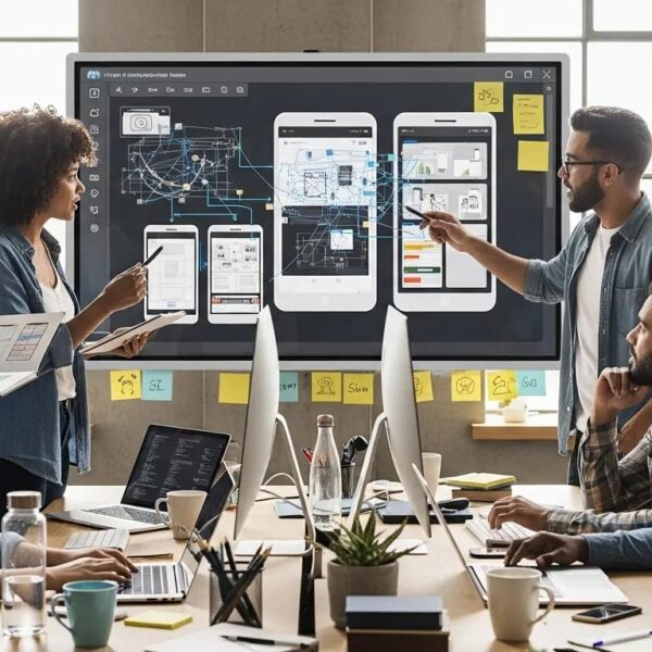 UI/UX designers and software developers planning and building a mobile app interface on screens in a modern office environment.