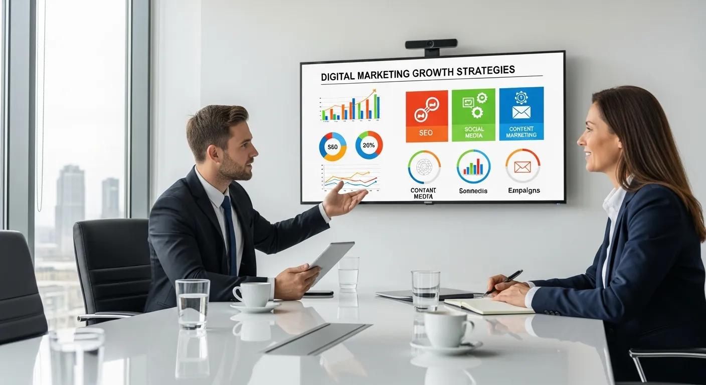 Consultant presenting digital marketing strategies to a client in a professional meeting