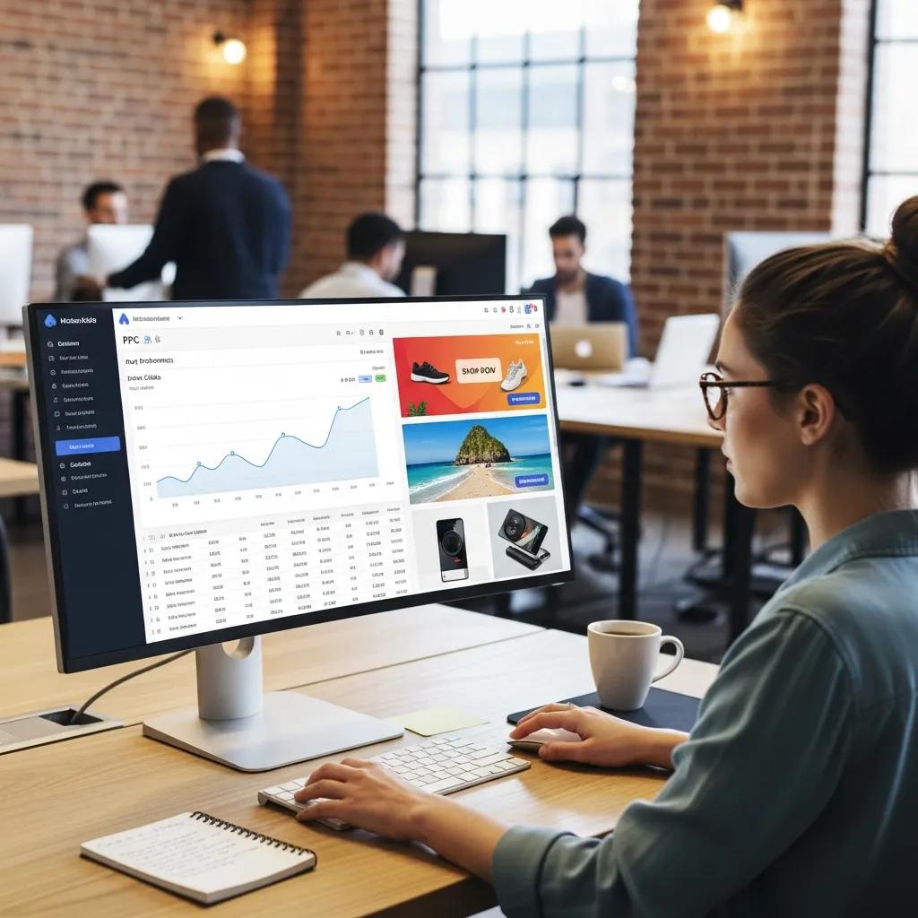 Digital marketing professional managing a PPC campaign with colorful ads and metrics
