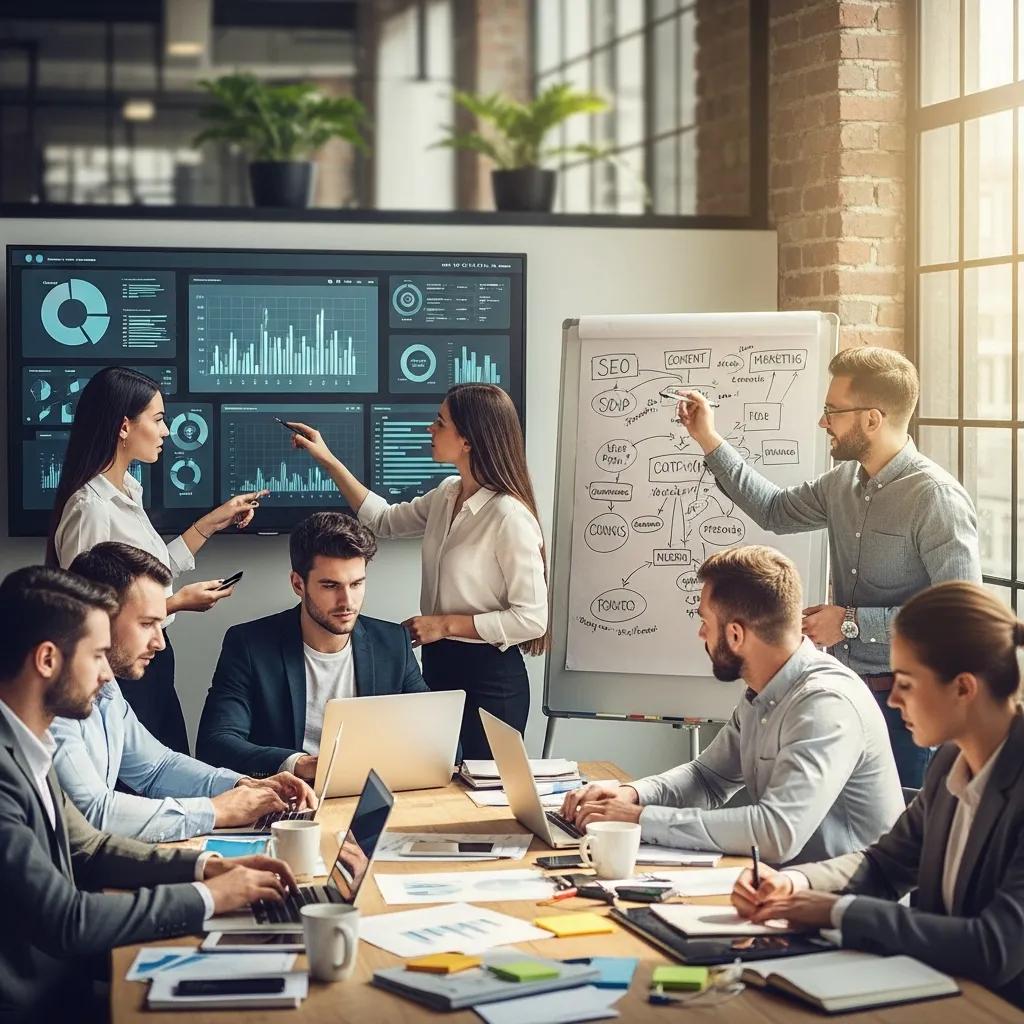 Diverse professionals collaborating on digital marketing strategies in a modern workspace