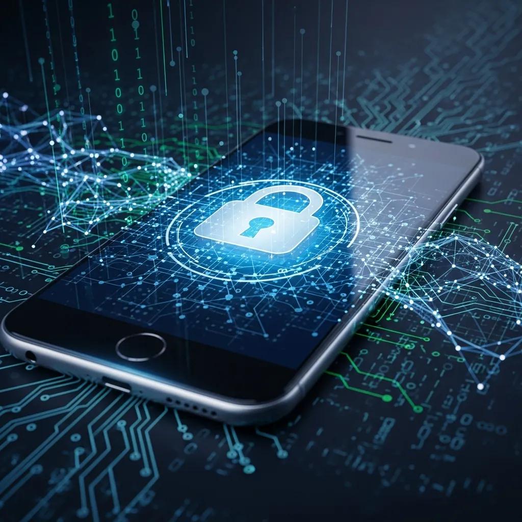 Smartphone with a digital lock overlay symbolizing mobile app security